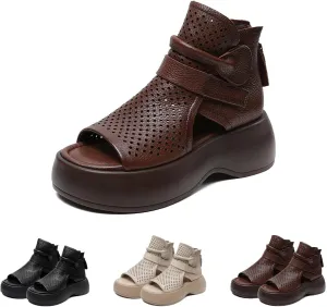 Orthopedic Sandals, Soft Sole Leather Orthopedic Shoes for Women, Walking Wedges Platform Sandal Arch Support Soft Sole Wide Width Adjustable Fish mouth hollow boots