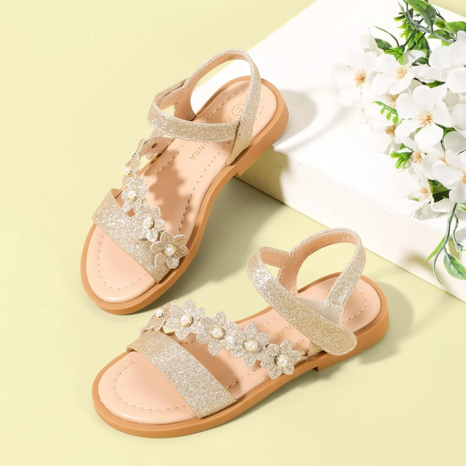 PANDANINJIA Gina Girls Sandals Open Toe Summer Flats Dress Sandals Shoes Toddler/Little Kid/Big Kid