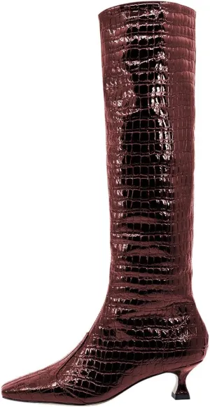 Pazzion Women's Crocodile Print Square Toe Knee High Boots Kitten Low Heel Wide Calf Pull On Tall Booties Chic Outdoor Dress Shoes Size 4-16 US