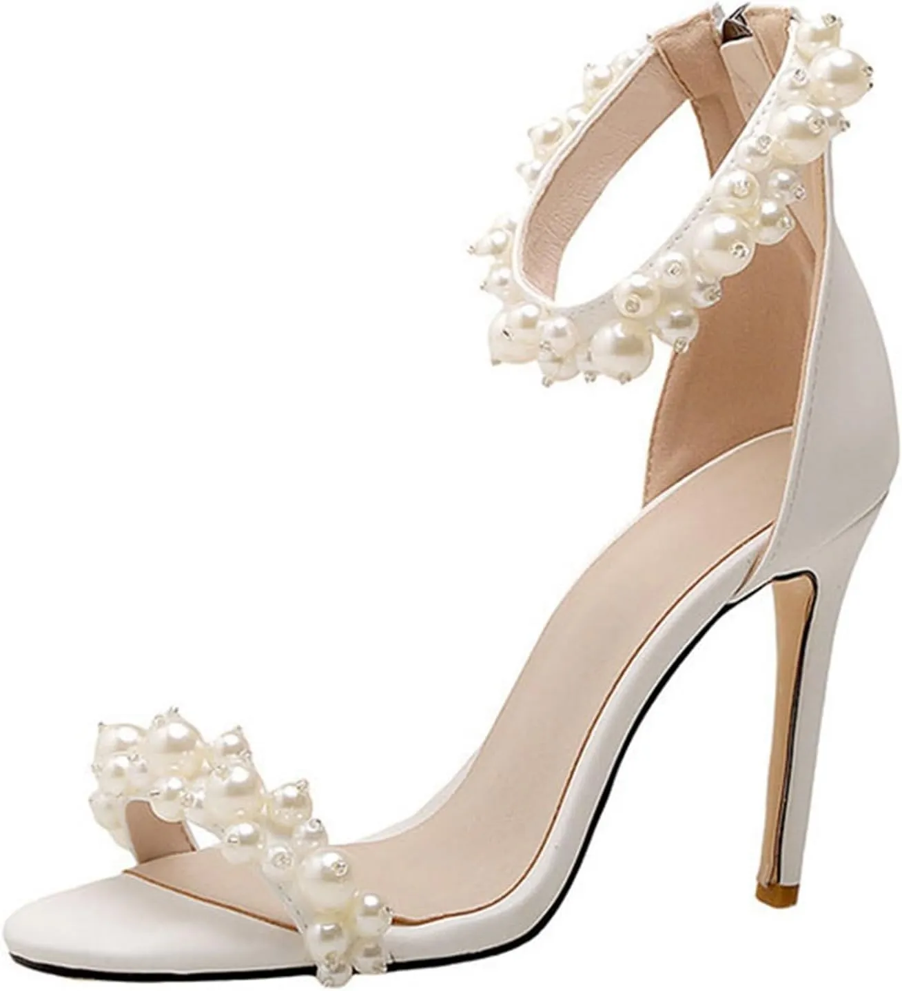 Pearl Strappy Heels for Women Open Toe Ankle Buckle Stiletto Heeled Sandals Summer Wedding Party Shoes