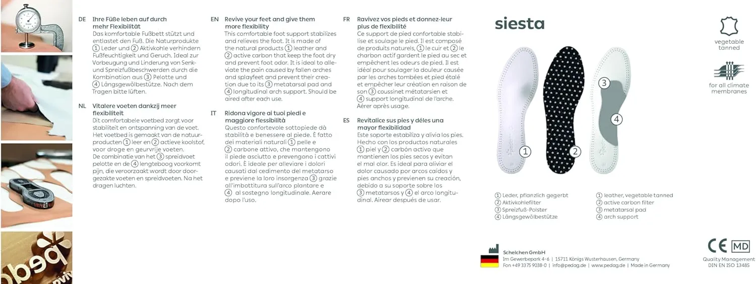 Pedag Siesta Insoles | Made in Germany | Arch Support for Flat Feet | Flexible Metatarsal Support | Ideal for Boots & High Heels | Active Charcoal Filte | Black | US 12M/EU 45