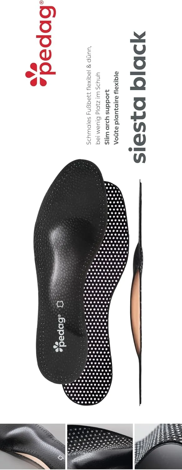 Pedag Siesta Insoles | Made in Germany | Arch Support for Flat Feet | Flexible Metatarsal Support | Ideal for Boots & High Heels | Active Charcoal Filte | Black | US 12M/EU 45