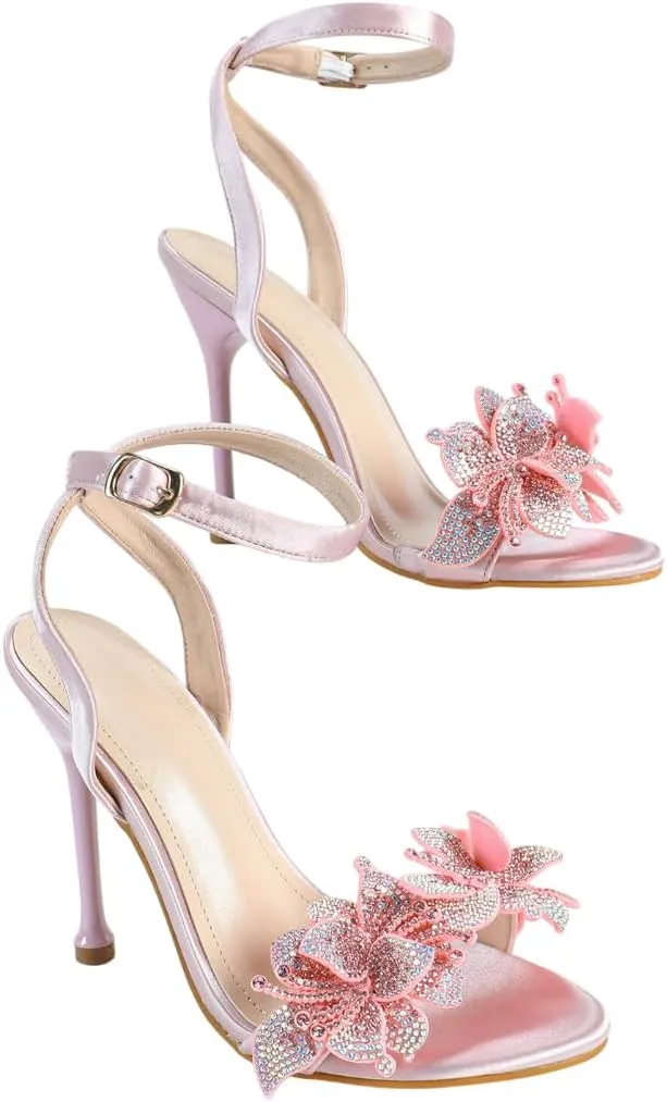 Pink High Heel Sandals for Women, Women's Satin Rhinestone Flower Heels with Ankle Strap, Elegant Dressy Shoes for Weddings, Parties & Evening Events (US 6-10.5)