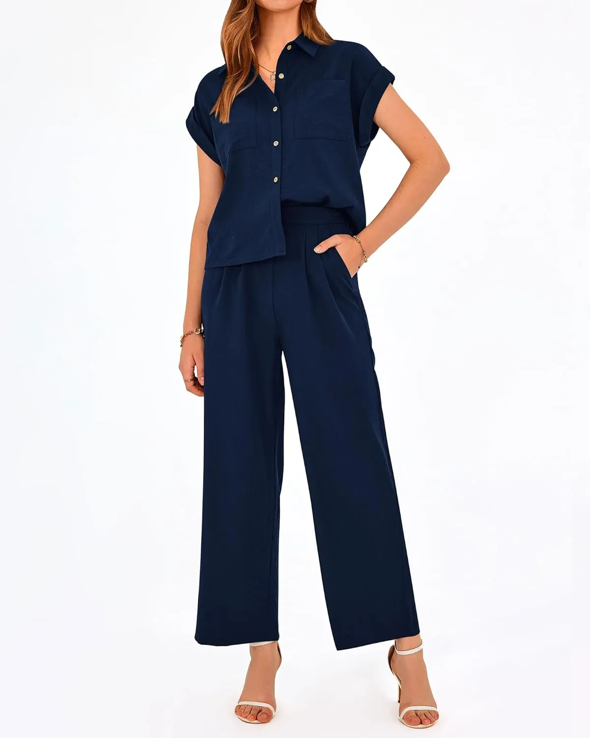 PRETTYGARDEN Womens 2 Piece sets Summer Cap Sleeve Tops Palazzo Pants Dressy Casual Vacation Travel Outfits Tracksuits