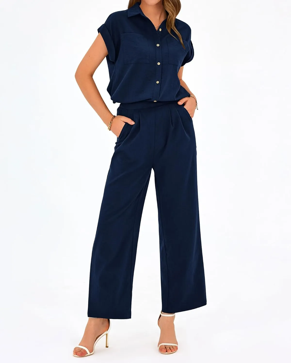 PRETTYGARDEN Womens 2 Piece sets Summer Cap Sleeve Tops Palazzo Pants Dressy Casual Vacation Travel Outfits Tracksuits