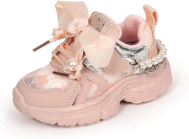 Princess Girls Sneakers Lace Breathable Pearl Chain Bowknot Birthday Decoration Luxurious Anti-Slip