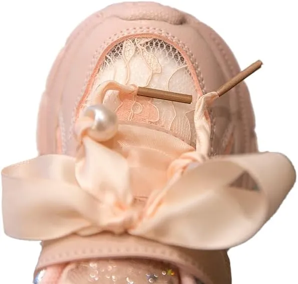 Princess Girls Sneakers Lace Breathable Pearl Chain Bowknot Birthday Decoration Luxurious Anti-Slip