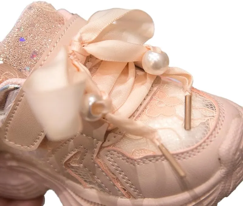 Princess Girls Sneakers Lace Breathable Pearl Chain Bowknot Birthday Decoration Luxurious Anti-Slip