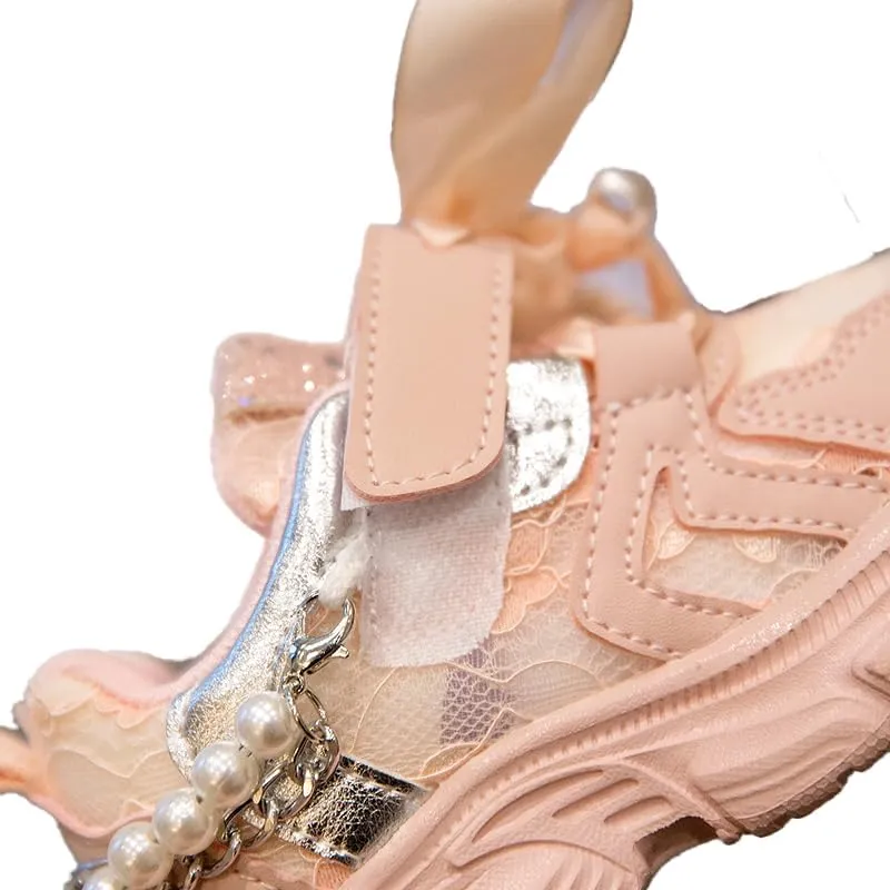 Princess Girls Sneakers Lace Breathable Pearl Chain Bowknot Birthday Decoration Luxurious Anti-Slip