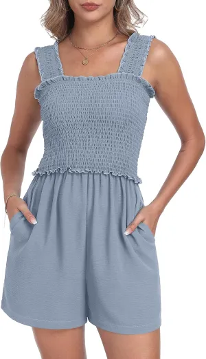 QIXING Women's Summer Casual Rompers Dressy Smocked Loose Comfy Short Jumpsuits Vacation Outfits With Pockets