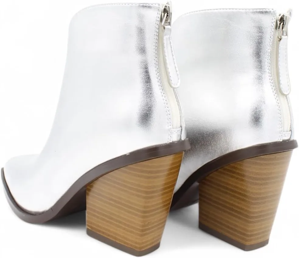 Raffelli Womens Ankle Boots Metallic Faux Leather Pointed Toe Booties with Block Heel and Back Zipper, Ankle Winter Mini Boots for Women Genuine Warm Snow Boots Comfort Booties