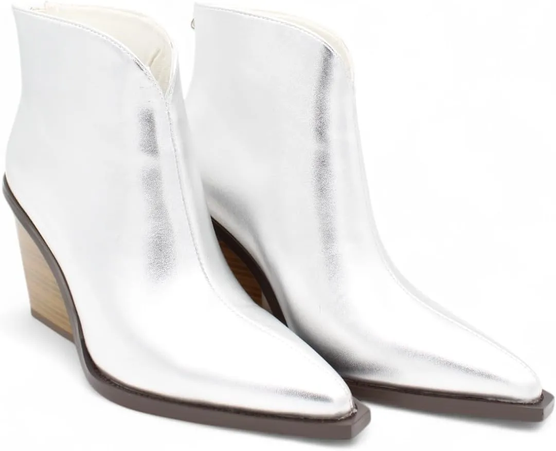 Raffelli Womens Ankle Boots Metallic Faux Leather Pointed Toe Booties with Block Heel and Back Zipper, Ankle Winter Mini Boots for Women Genuine Warm Snow Boots Comfort Booties