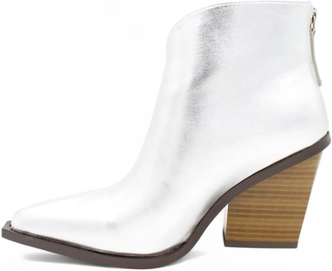 Raffelli Womens Ankle Boots Metallic Faux Leather Pointed Toe Booties with Block Heel and Back Zipper, Ankle Winter Mini Boots for Women Genuine Warm Snow Boots Comfort Booties