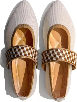REFRASE LIFE Women's Ballet Flats Pointed Toe with Elastic Strap, Black and Beige Dressy Knit Slip-On Ballet Shoes for Everyday Wear, Lightweight and Breathable
