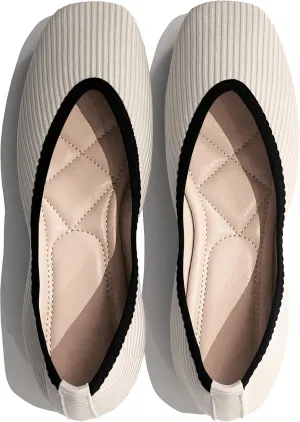 REFRASE LIFE Women's Ballet Flats Square Toe, Comfortable Ribbed Ballet Flats Shoes with Black Trim, Dressy Slip-On Casual Flats for Everyday Wear, Lightweight and Breathable