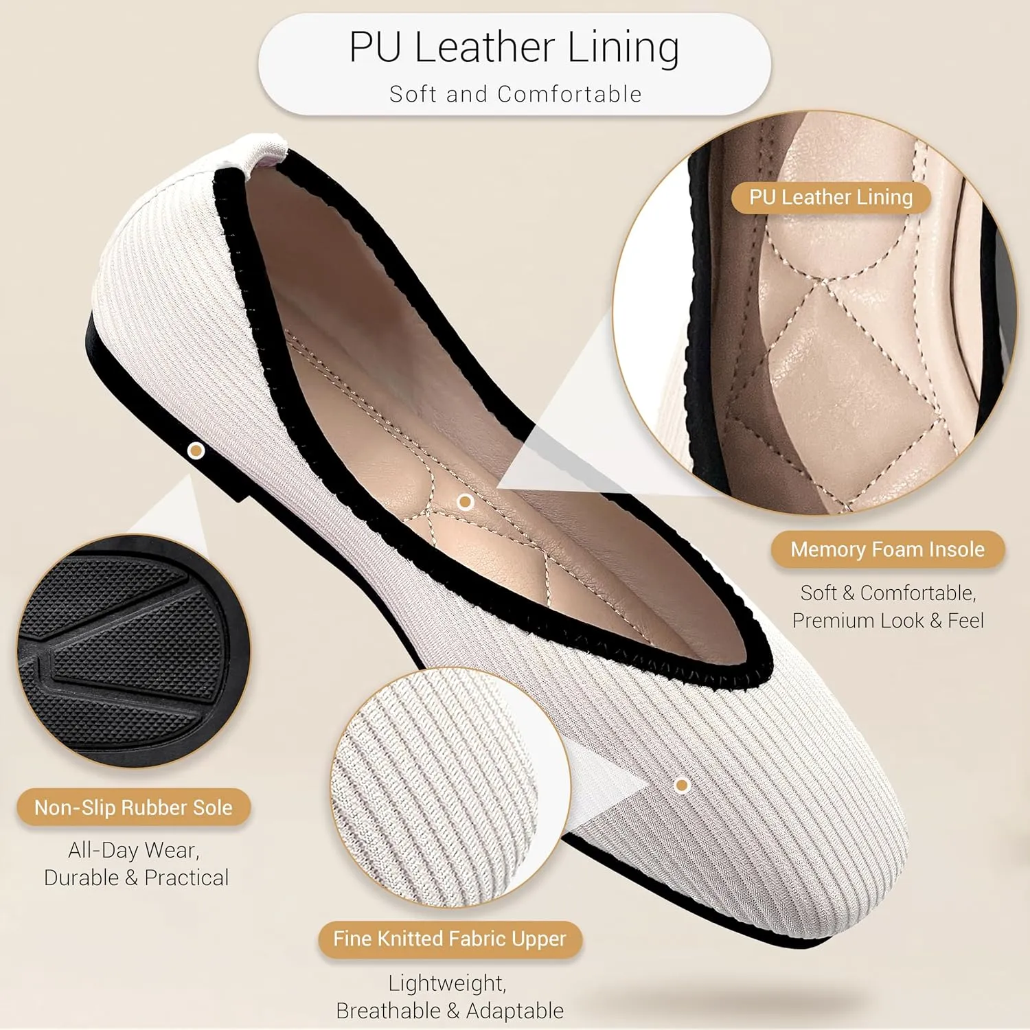 REFRASE LIFE Women's Ballet Flats Square Toe, Comfortable Ribbed Ballet Flats Shoes with Black Trim, Dressy Slip-On Casual Flats for Everyday Wear, Lightweight and Breathable