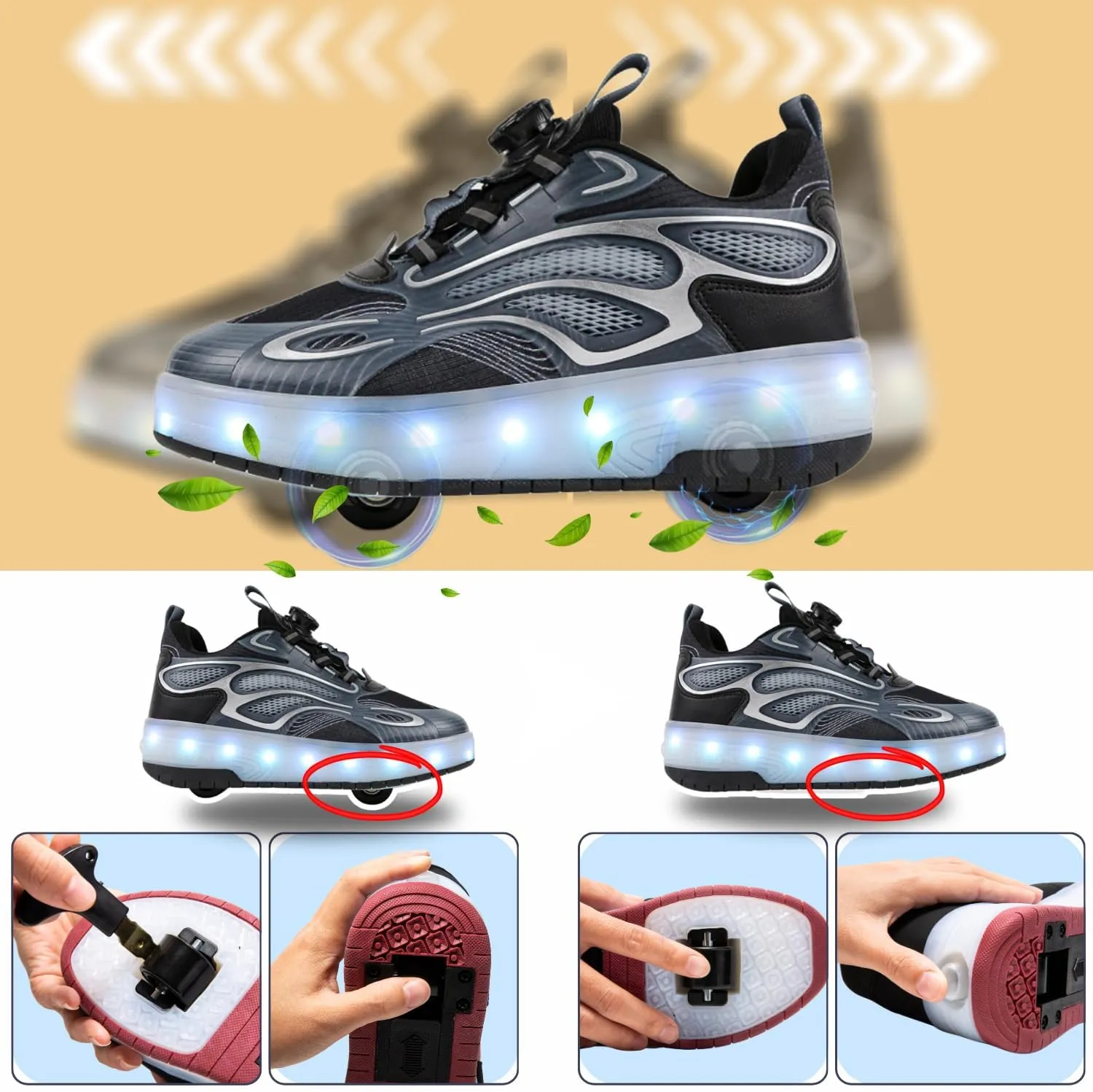 Roller Skate Shoes for Kids - Wheels with USB Charging Led Light Up, Shiny Sneakers for Boys & Girls - Perfect for Christmas & Birthday