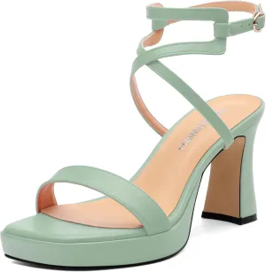 ROSERWISH Platform Heels for Women Strappy High Heel Sandals Square Open Toe Chunky Heels Ankle Strap Womens Wedding Party Dress Shoes