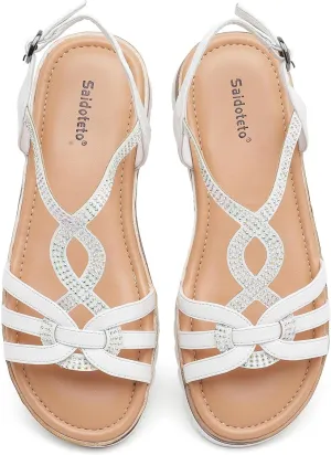 Saidoteto Women's Wide Width Flat Sandals,Casual Open Toe Strappy Slip-on Summer Dressy Sandals with Sparkling Rhinestones