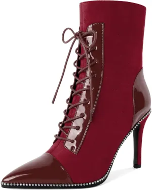 SAMMITOP Women's Lace Up Ankle Boots High Stiletto Heel Pointy Toe Fashion Heeled Booties Silver Beaded Side Zipper Short Boots Shoes 4 Inch