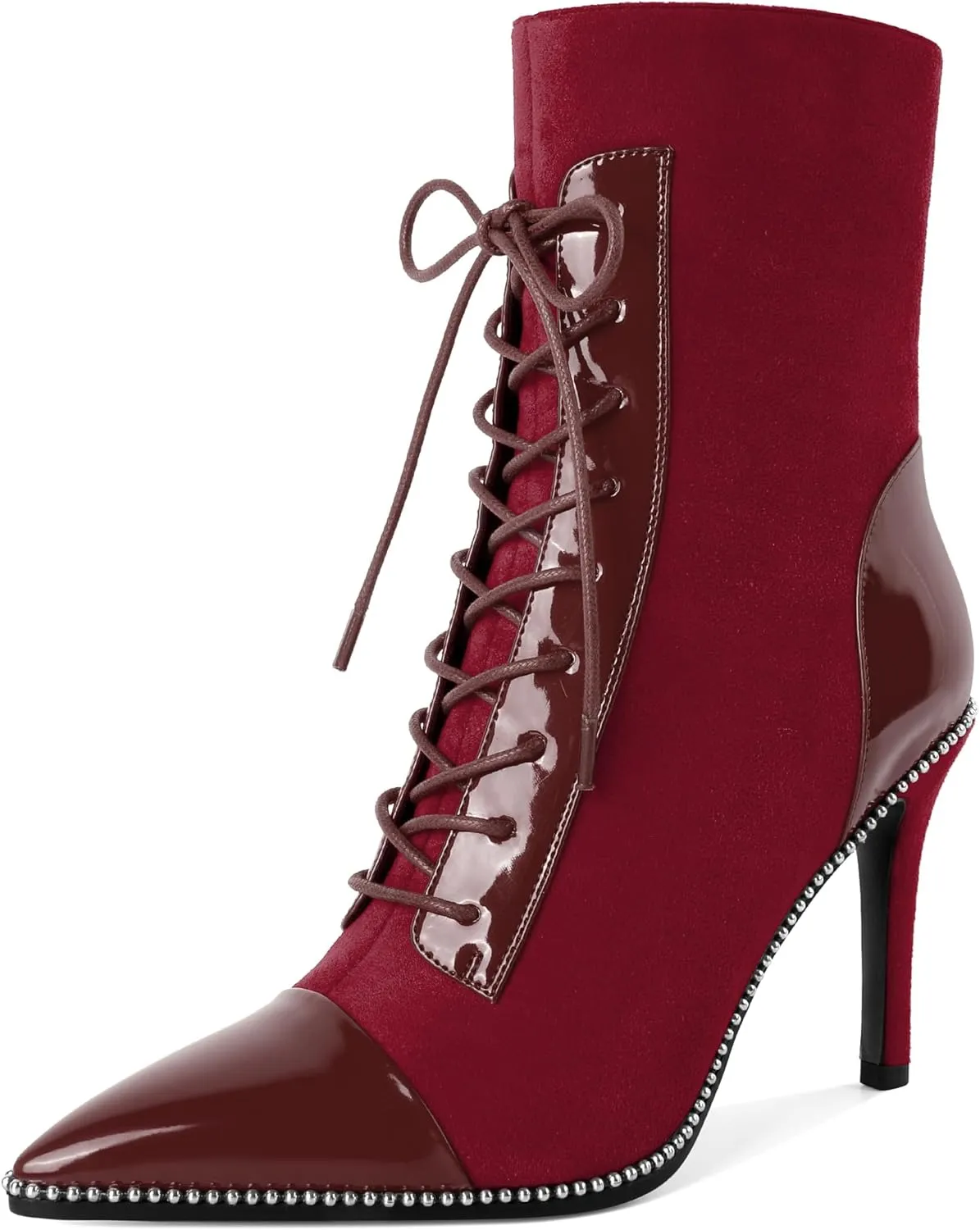 SAMMITOP Women's Lace Up Ankle Boots High Stiletto Heel Pointy Toe Fashion Heeled Booties Silver Beaded Side Zipper Short Boots Shoes 4 Inch
