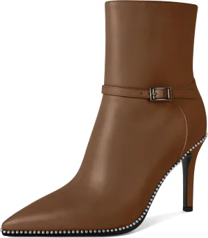 SAMMITOP Women's Pointed Toe Ankle Boots Sexy Stiletto High Heels Ankle Booties Buckle Strap Beaded Short Boots with Side Zipper 4 Inch