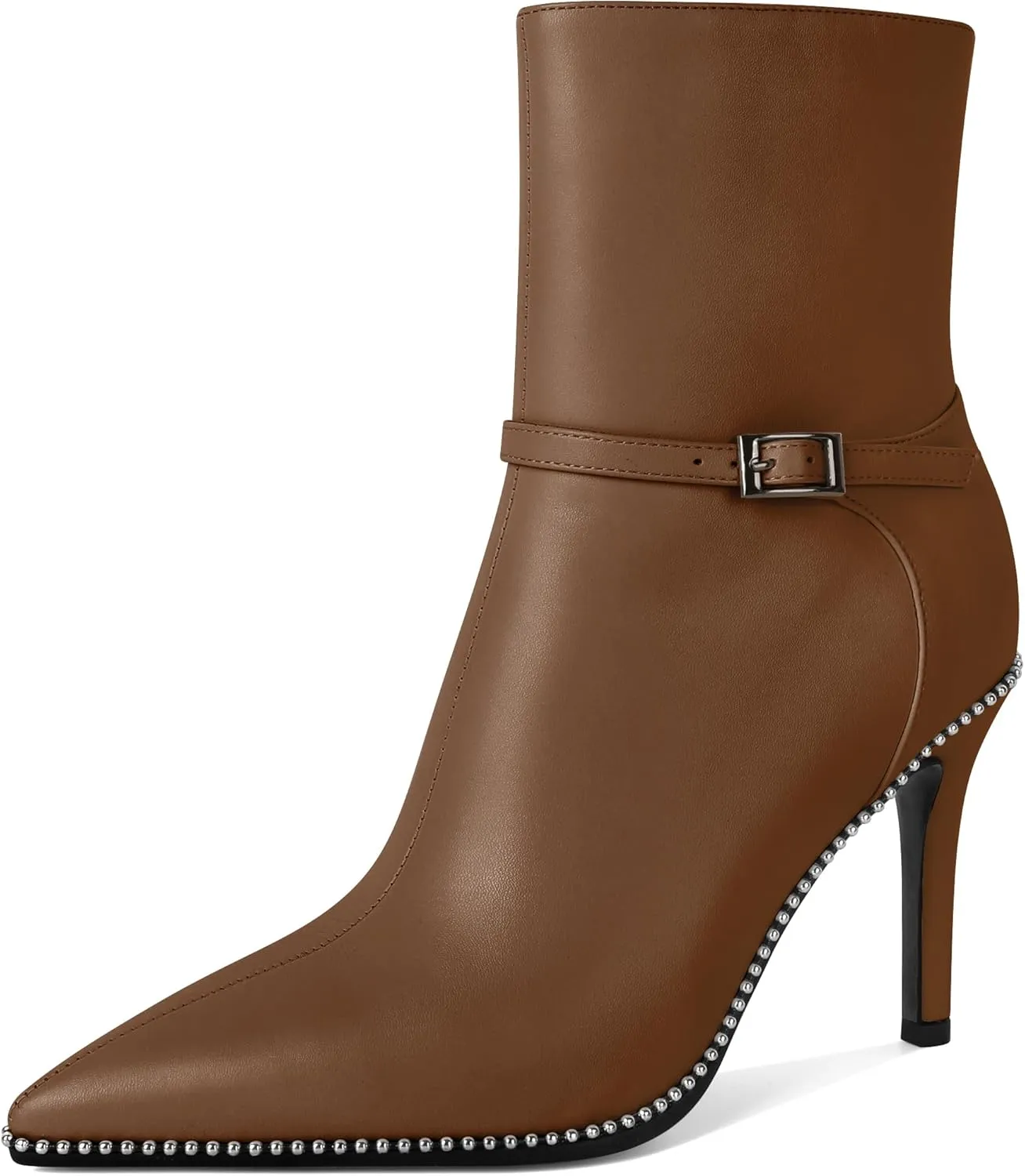SAMMITOP Women's Pointed Toe Ankle Boots Sexy Stiletto High Heels Ankle Booties Buckle Strap Beaded Short Boots with Side Zipper 4 Inch