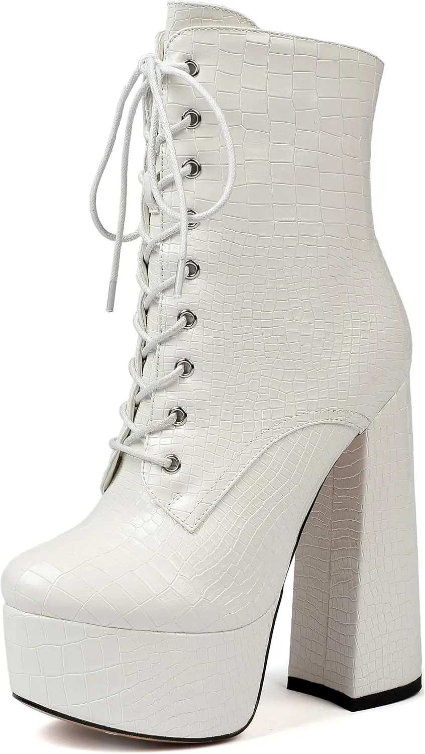 SAMMITOP Women's Round Toe Chunky Heel Boots Platform Lace Up Animal Print Ankle Boots