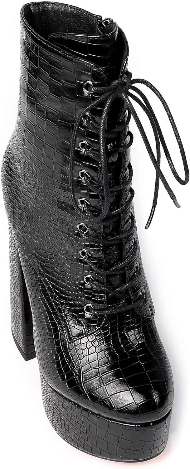 SAMMITOP Women's Round Toe Chunky Heel Boots Platform Lace Up Animal Print Ankle Boots
