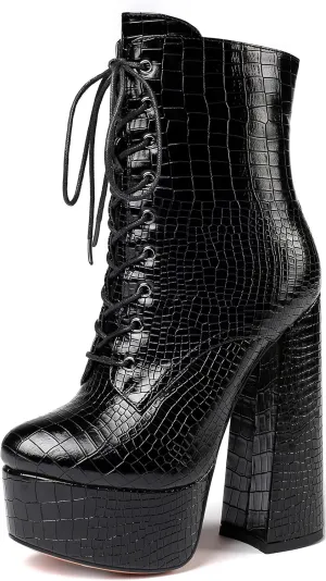 SAMMITOP Women's Round Toe Chunky Heel Boots Platform Lace Up Animal Print Ankle Boots