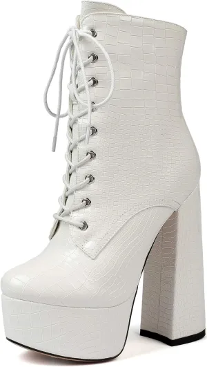 SAMMITOP Women's Round Toe Chunky Heel Boots Platform Lace Up Animal Print Ankle Boots