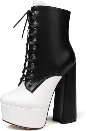 SAMMITOP Women's Round Toe Chunky Heel Boots Platform Lace Up Animal Print Ankle Boots