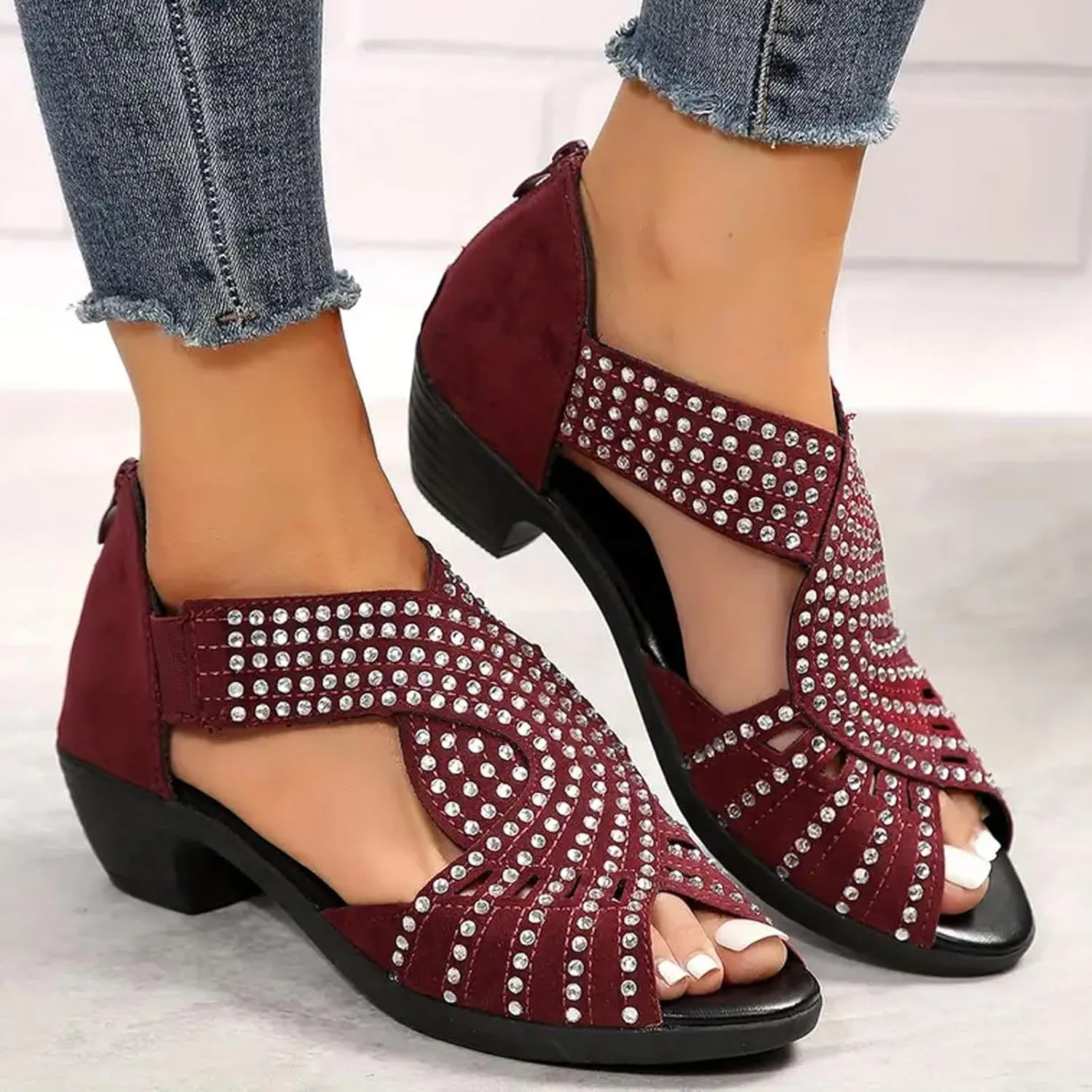 Sandals for Women 2025 Fisherman Sandal Rhinestone Open Toe Back Zipper Shoes Beach Comfortable Summer Flat Shoe