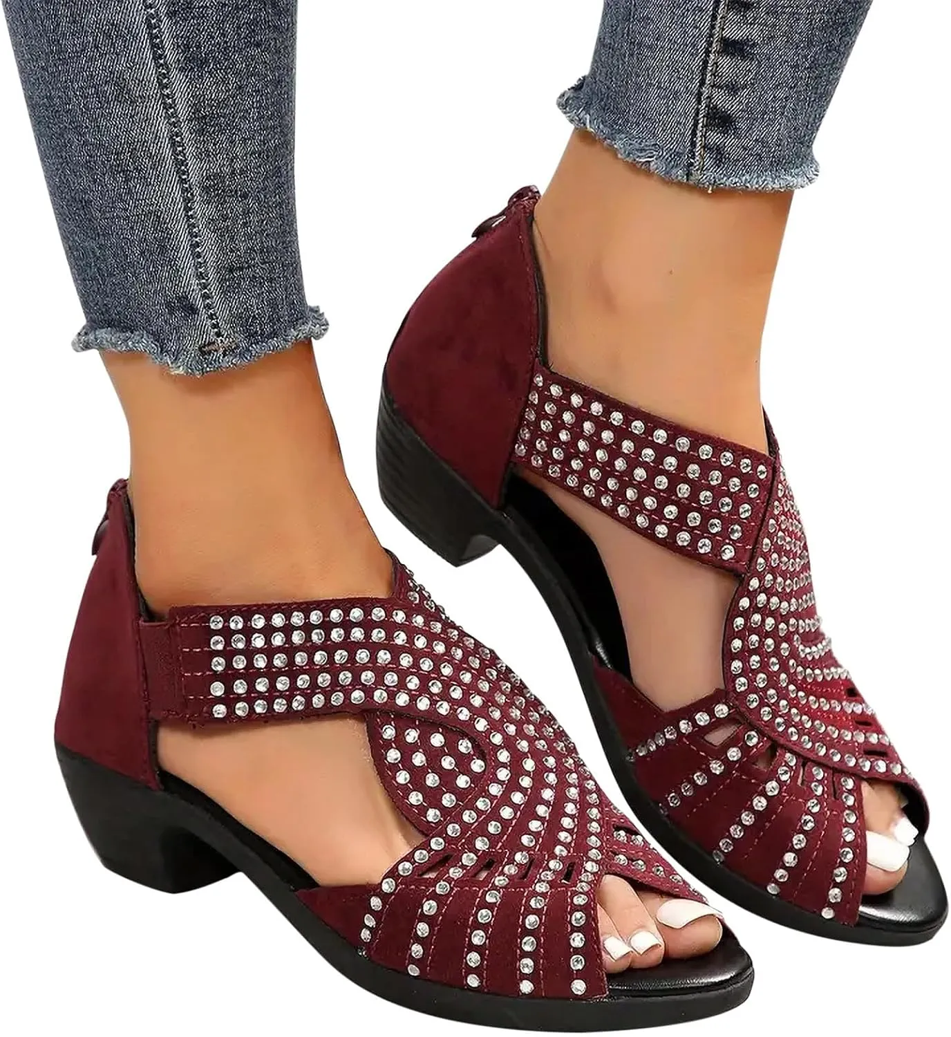 Sandals for Women 2025 Fisherman Sandal Rhinestone Open Toe Back Zipper Shoes Beach Comfortable Summer Flat Shoe
