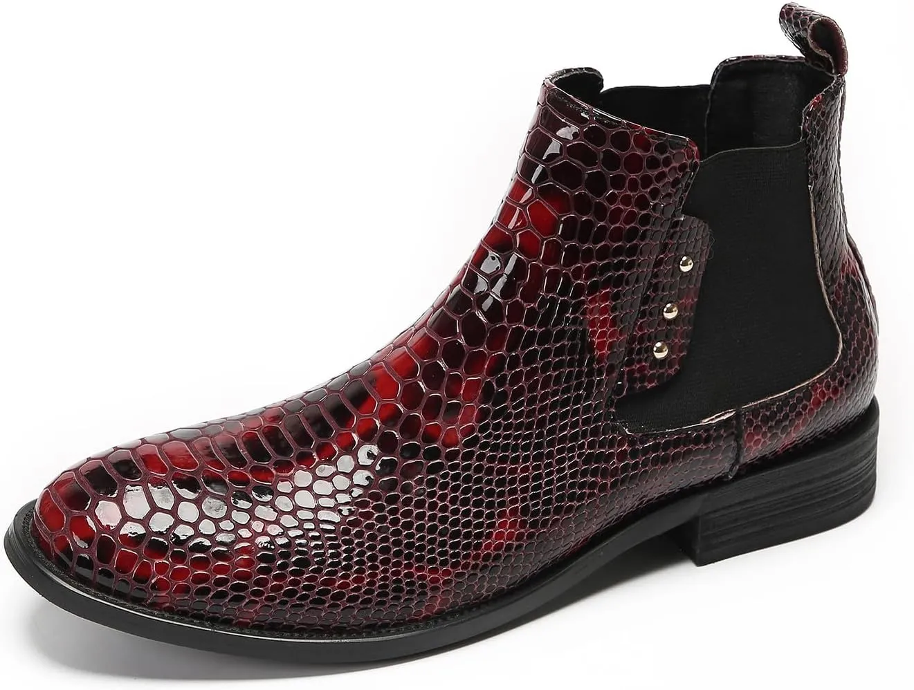Santimon Mens Chelsea Boots Casual Dress Party Snakeskin Pattern Western Ankle Boots Genuine Leather Wedding Prom Zipper Beads Cowboy Tuxedo Chukka Boots