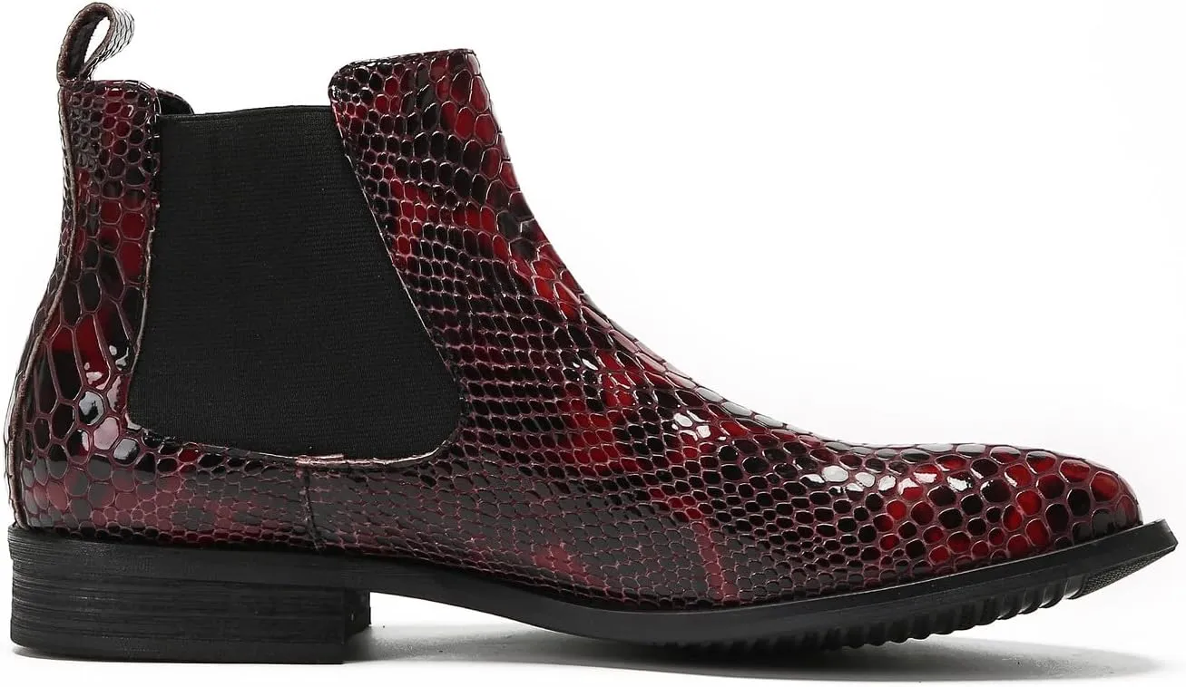 Santimon Mens Chelsea Boots Casual Dress Party Snakeskin Pattern Western Ankle Boots Genuine Leather Wedding Prom Zipper Beads Cowboy Tuxedo Chukka Boots
