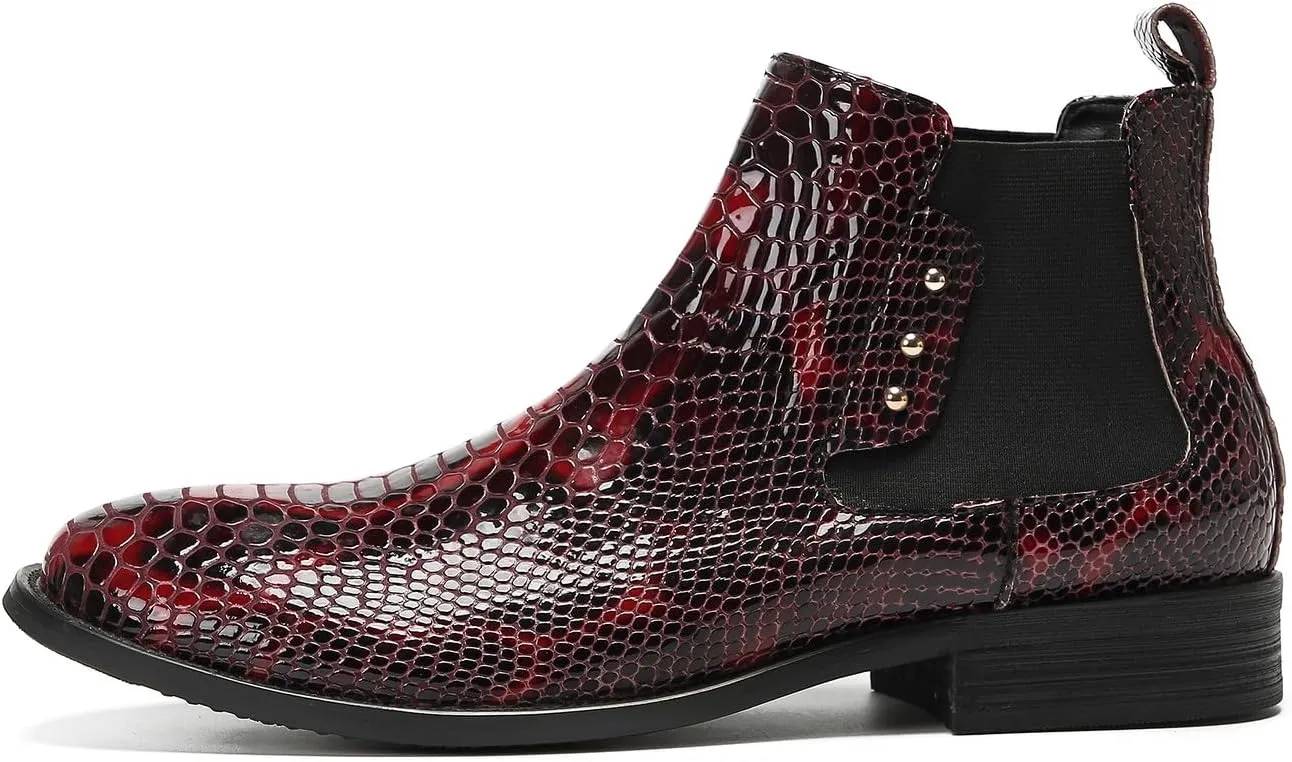 Santimon Mens Chelsea Boots Casual Dress Party Snakeskin Pattern Western Ankle Boots Genuine Leather Wedding Prom Zipper Beads Cowboy Tuxedo Chukka Boots