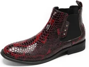 Santimon Mens Chelsea Boots Casual Dress Party Snakeskin Pattern Western Ankle Boots Genuine Leather Wedding Prom Zipper Beads Cowboy Tuxedo Chukka Boots