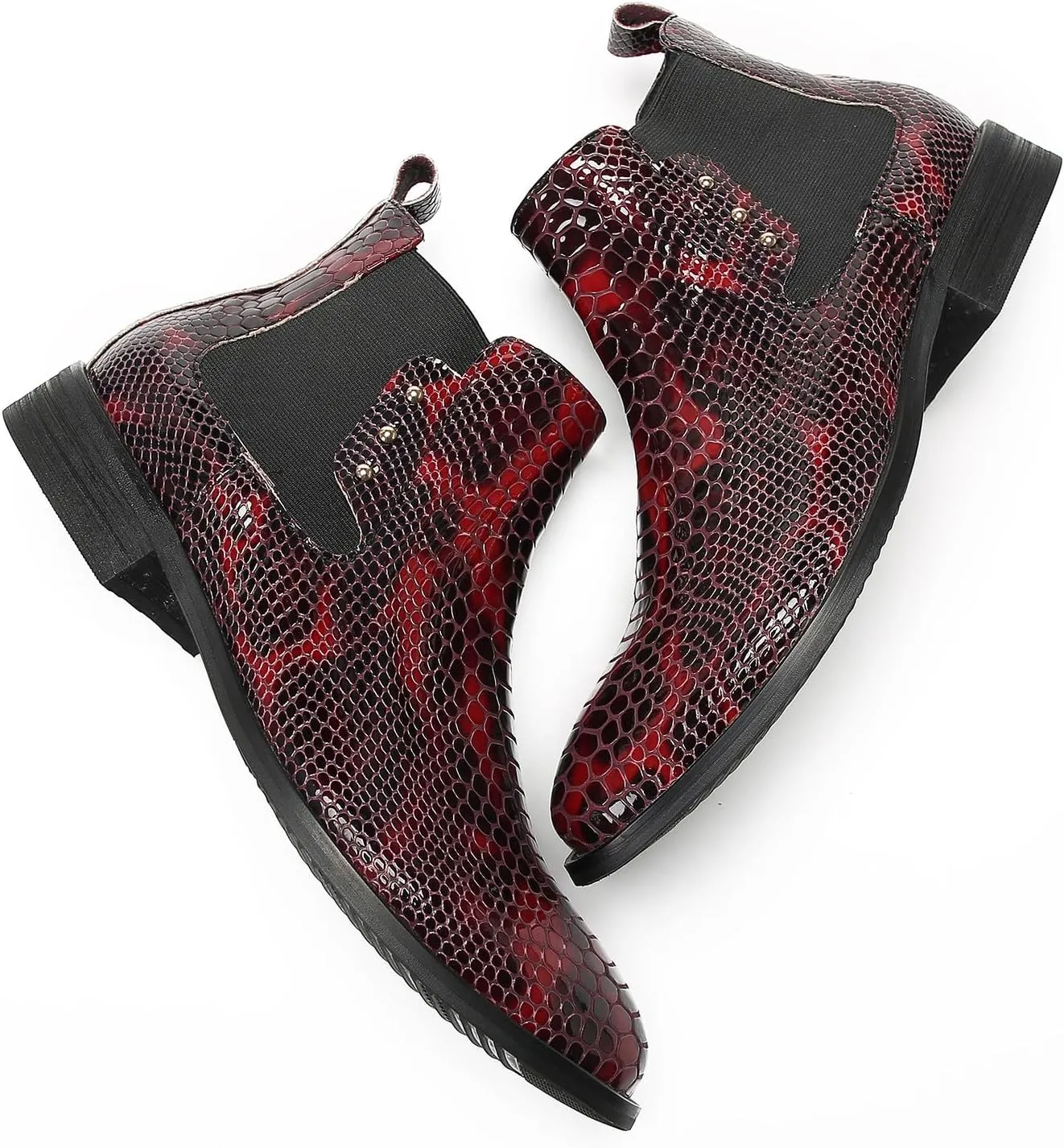 Santimon Mens Chelsea Boots Casual Dress Party Snakeskin Pattern Western Ankle Boots Genuine Leather Wedding Prom Zipper Beads Cowboy Tuxedo Chukka Boots