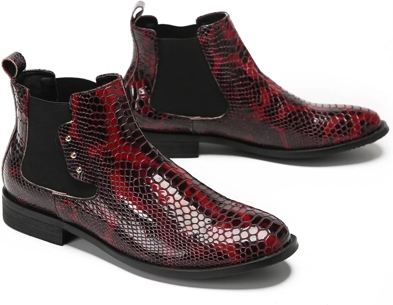 Santimon Mens Chelsea Boots Casual Dress Party Snakeskin Pattern Western Ankle Boots Genuine Leather Wedding Prom Zipper Beads Cowboy Tuxedo Chukka Boots