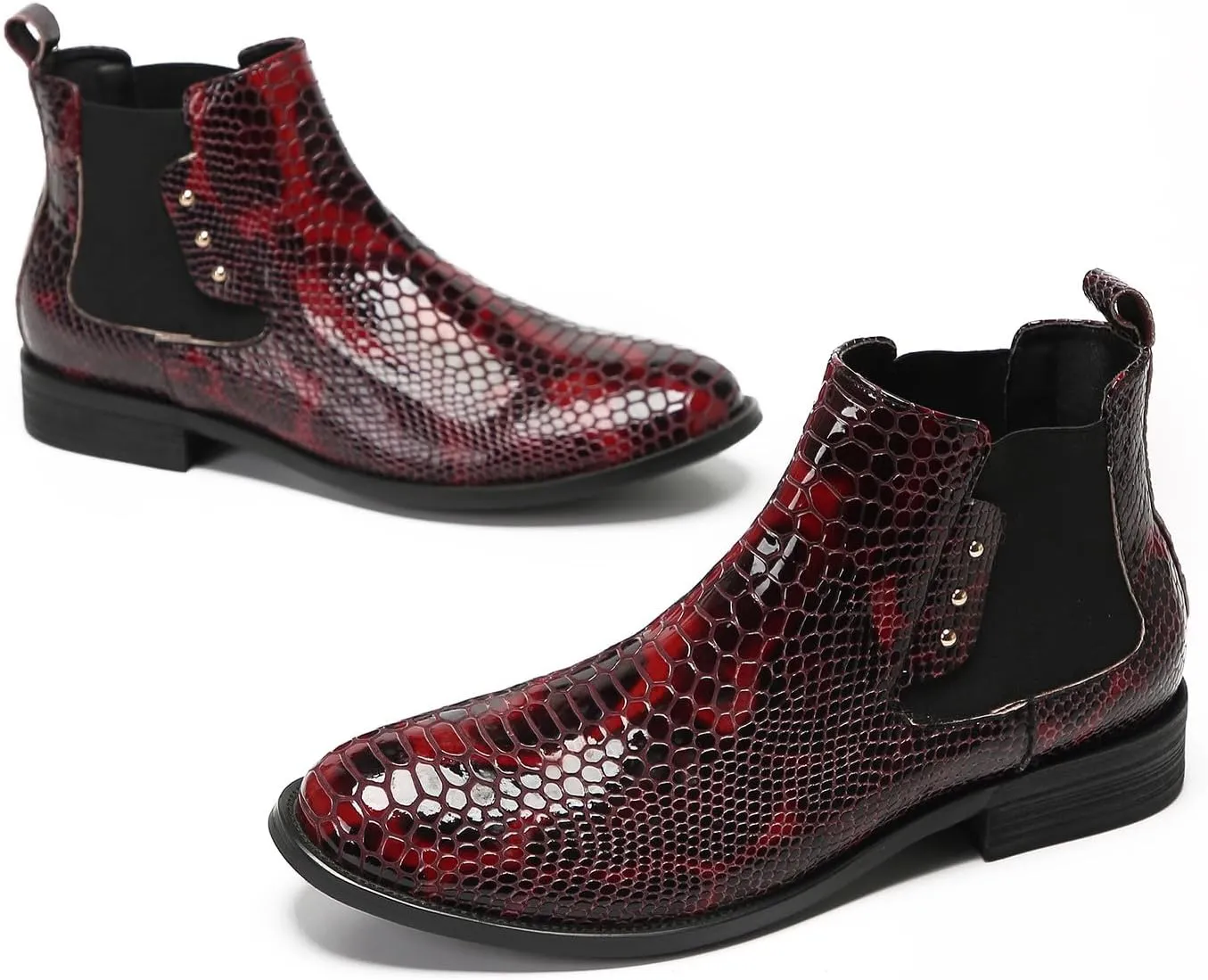 Santimon Mens Chelsea Boots Casual Dress Party Snakeskin Pattern Western Ankle Boots Genuine Leather Wedding Prom Zipper Beads Cowboy Tuxedo Chukka Boots
