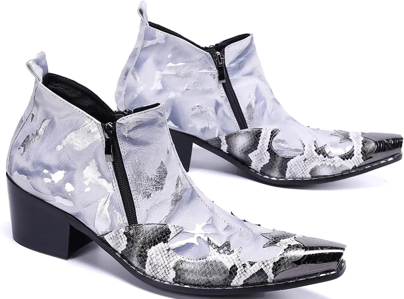Santimon Mens Chelsea Boots Dress Casual Party Metal Tip Toe Genuine Leather Double Zipper Two Tone Ankle Boots Fashion Western Cowboy Disco Ballroom Wedding Tuxedo Chukka Boots
