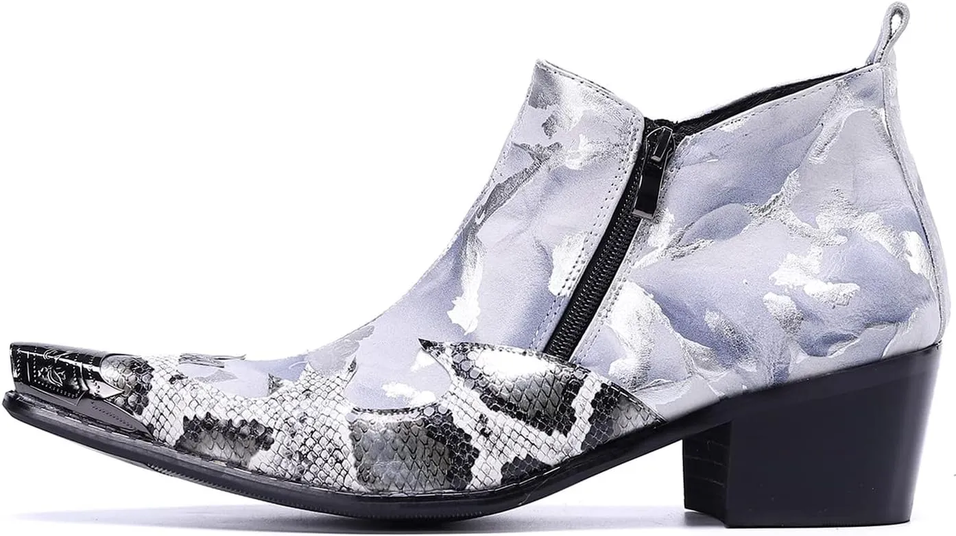 Santimon Mens Chelsea Boots Dress Casual Party Metal Tip Toe Genuine Leather Double Zipper Two Tone Ankle Boots Fashion Western Cowboy Disco Ballroom Wedding Tuxedo Chukka Boots