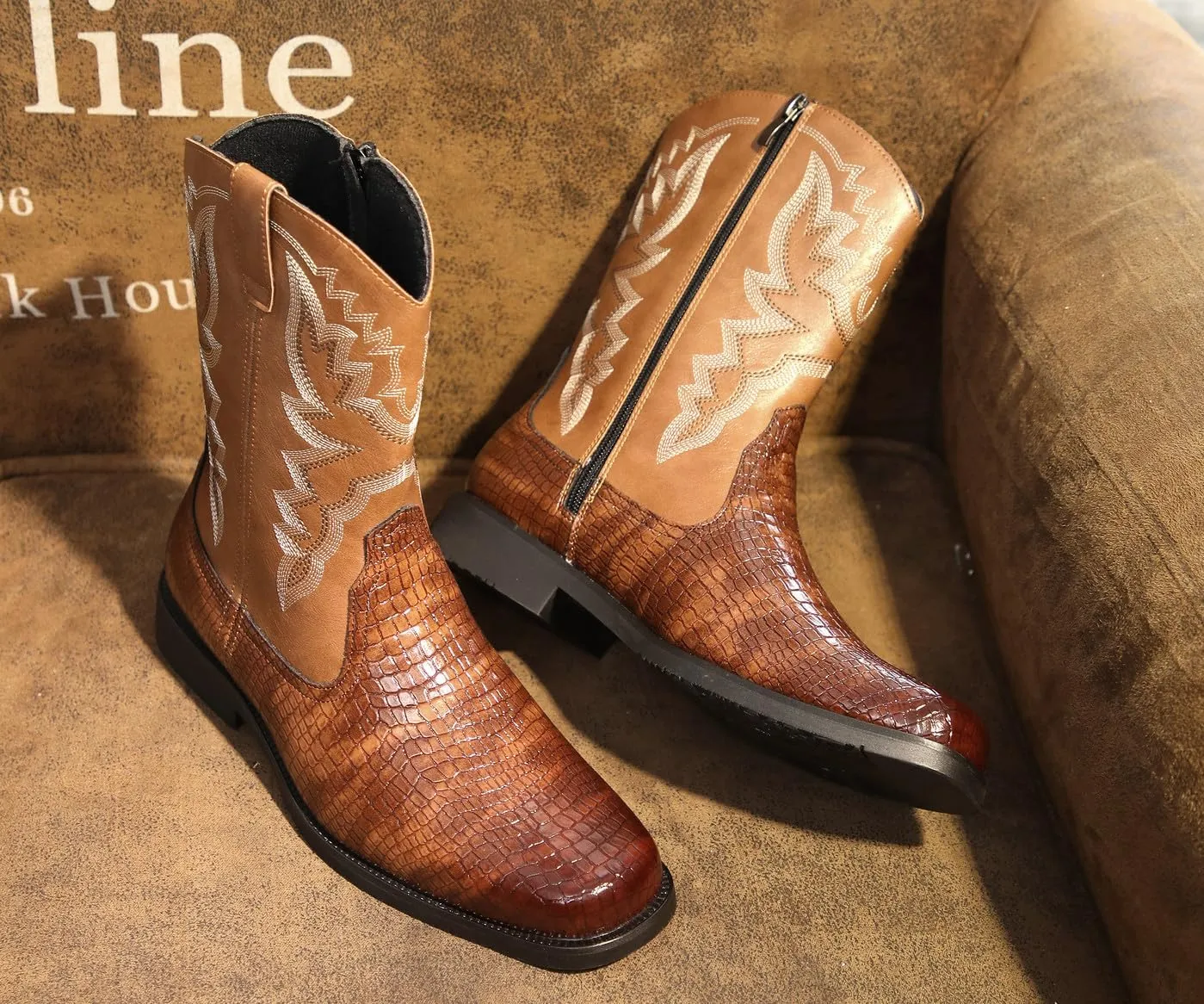 Santimon Men's Crocodile Western Cowboy Boots, Side Zipper, Mid Calf, Silver Stitching, Square Toe Leather Boots