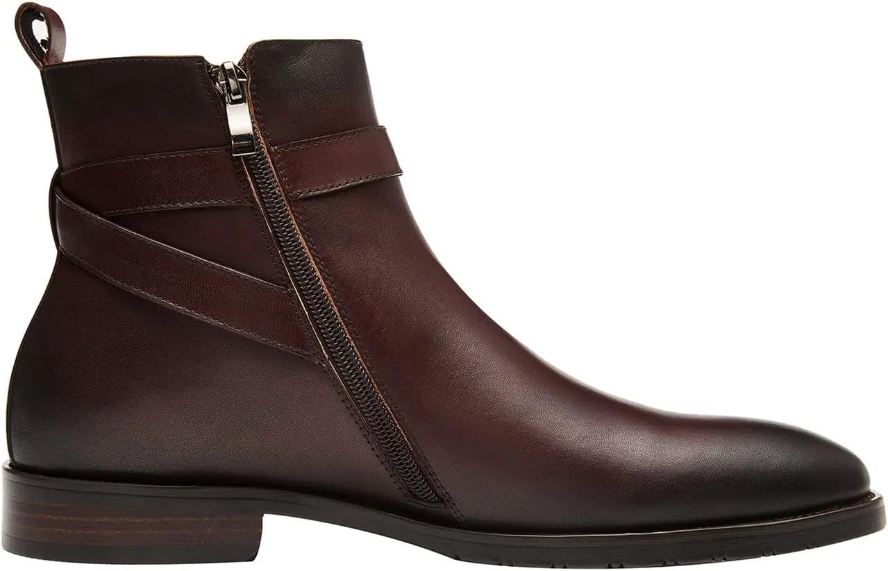 Santimon Mens Leather Boots Buckle Strap Formal Dress Business Casual Motorcycle Zip Ankle Boot For Men