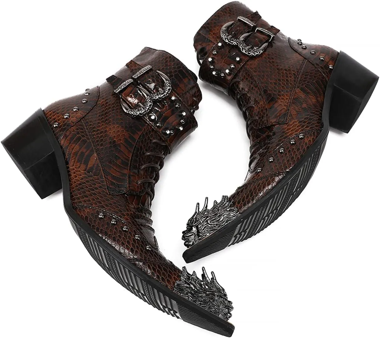 Santimon Mens Oxfords Boots Casual Dress Cowboy Boots Genuine Leather Metal Wingtip Toe Rivets Western Boots Fashion Ballroom Tuxedo Party Disco Rock Singer Prom Wedding Mid Top Boots for Men