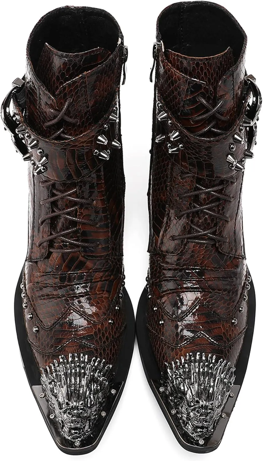 Santimon Mens Oxfords Boots Casual Dress Cowboy Boots Genuine Leather Metal Wingtip Toe Rivets Western Boots Fashion Ballroom Tuxedo Party Disco Rock Singer Prom Wedding Mid Top Boots for Men