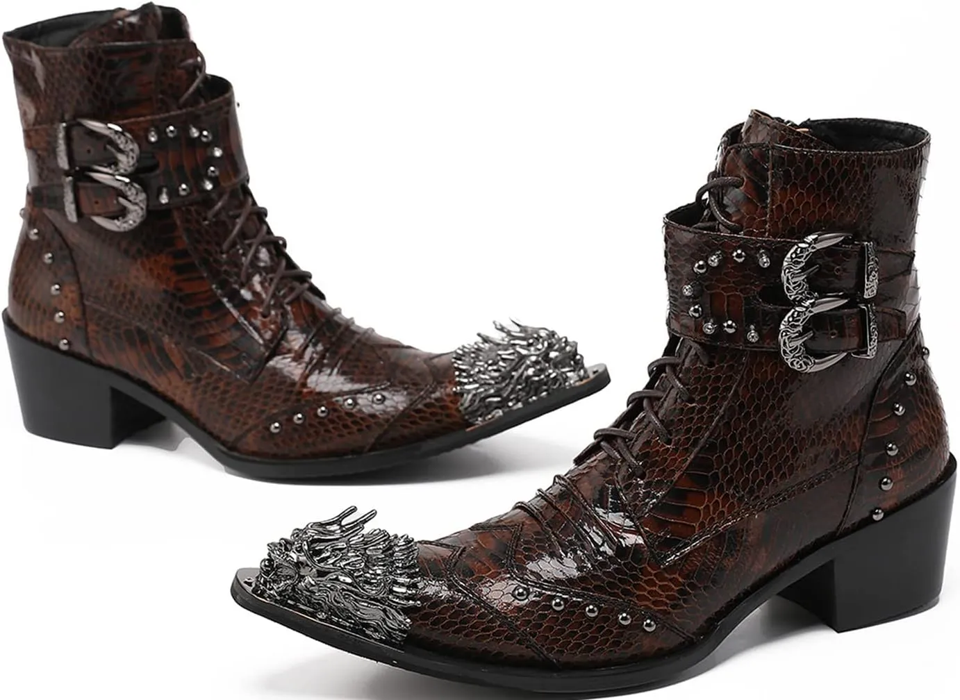 Santimon Mens Oxfords Boots Casual Dress Cowboy Boots Genuine Leather Metal Wingtip Toe Rivets Western Boots Fashion Ballroom Tuxedo Party Disco Rock Singer Prom Wedding Mid Top Boots for Men