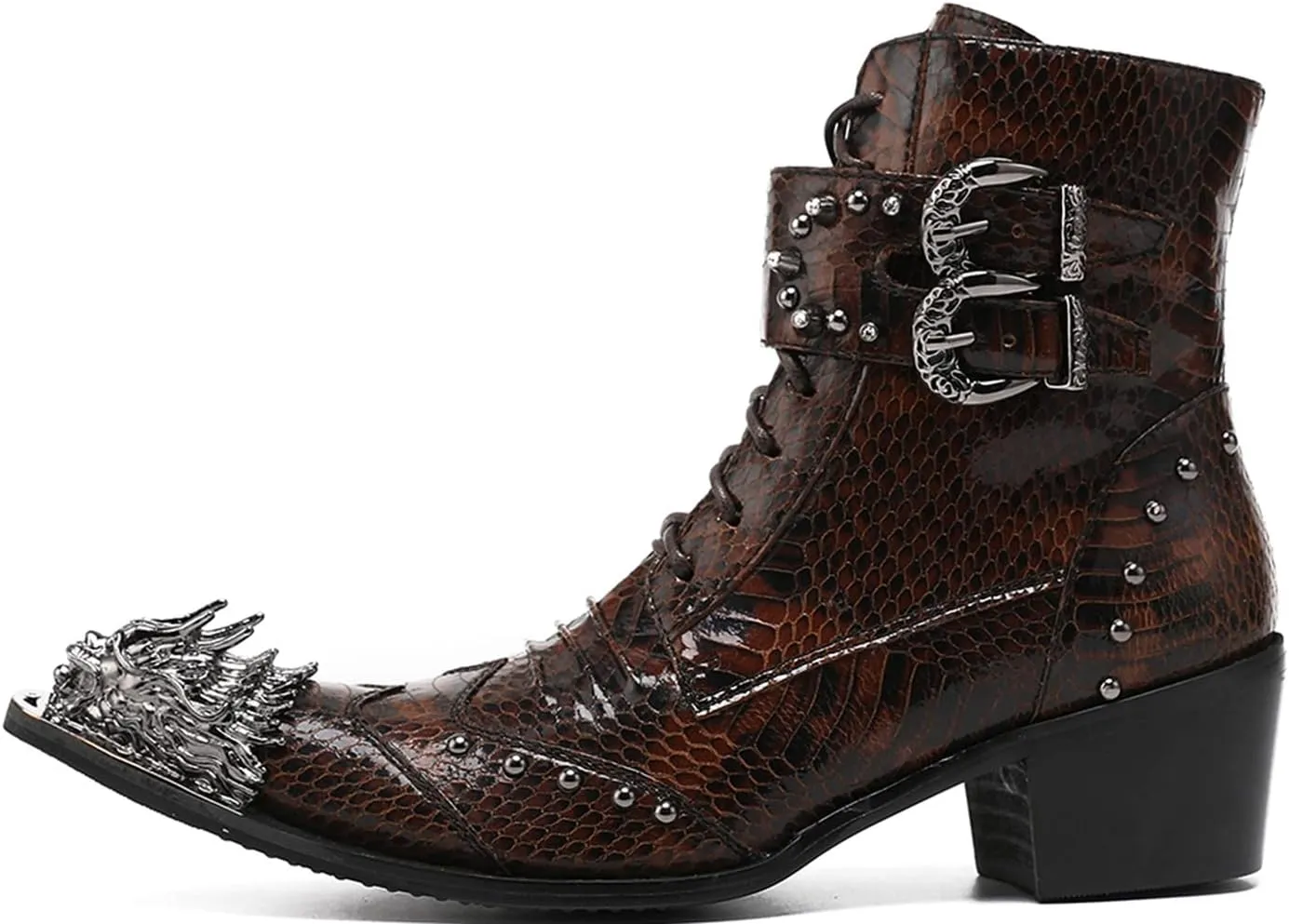 Santimon Mens Oxfords Boots Casual Dress Cowboy Boots Genuine Leather Metal Wingtip Toe Rivets Western Boots Fashion Ballroom Tuxedo Party Disco Rock Singer Prom Wedding Mid Top Boots for Men