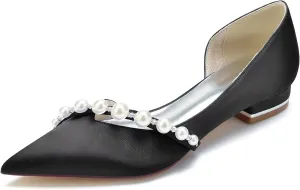 Satin Pearls Wedding Shoes for Bride Flats Pointed Toe Women Formal Prom Party Dress Flats Sandals